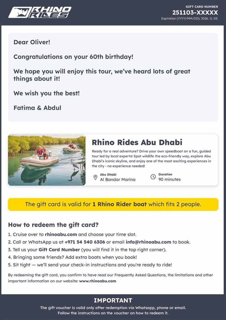 Rhino Rides gift card sample