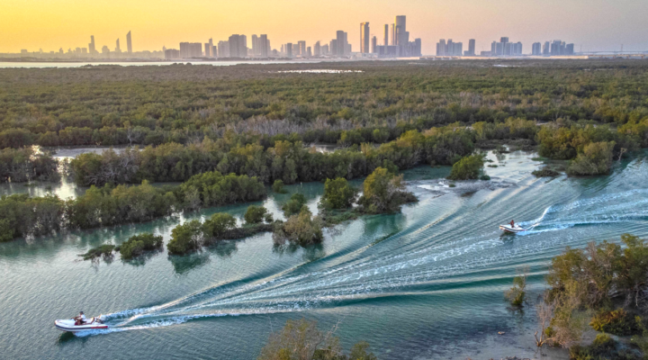 Rhino Riders with sunset Abu Dhabi skyline
